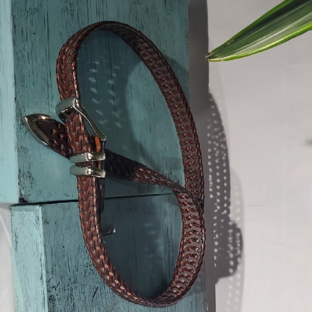 Perry Ellis Men's Braided Brown Leather Belt with Silver Buckle & Tip Hardware